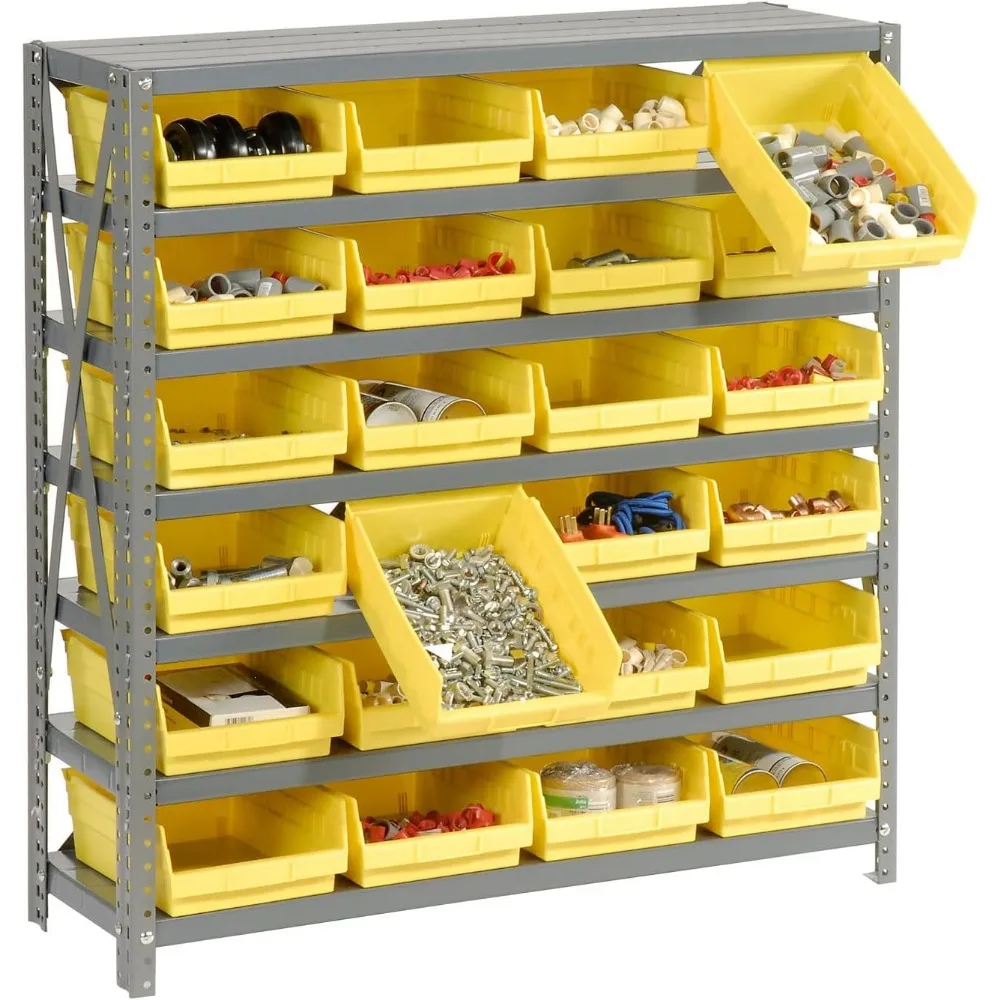 Rak Penyimpanan Baja 7 Tingkat dengan 24 Tempat Penyimpanan Plastik, Abu-abu dan Kuning, Lebar 36 x Dalam 12 x Tinggi 39, Kekuatan Industri, Berat