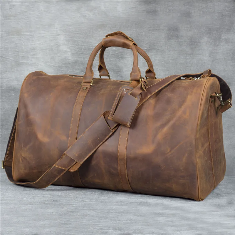 

Men's Genuine Leather 60cm Travel Bag Large Capacity Travel Tote Weekend Bag Thick Cowskin Duffle Bag Big Travelling Luggage Bag