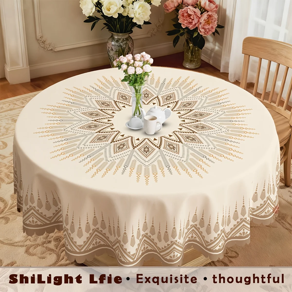 One Bohemian-style tablecloth, with a beige base featuring geometric patterns and a wavy edge design.