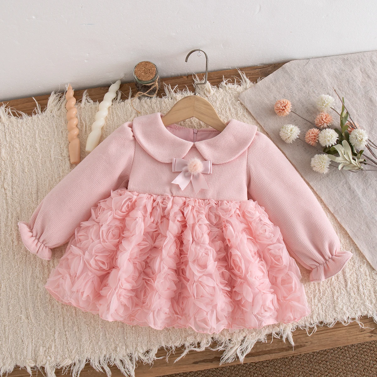 Baby Girl Dress Spring and Autumn Cotton Solid Color Bow Rose Long Sleeve Girls Dresses Cartoon Cute Girl Clothing