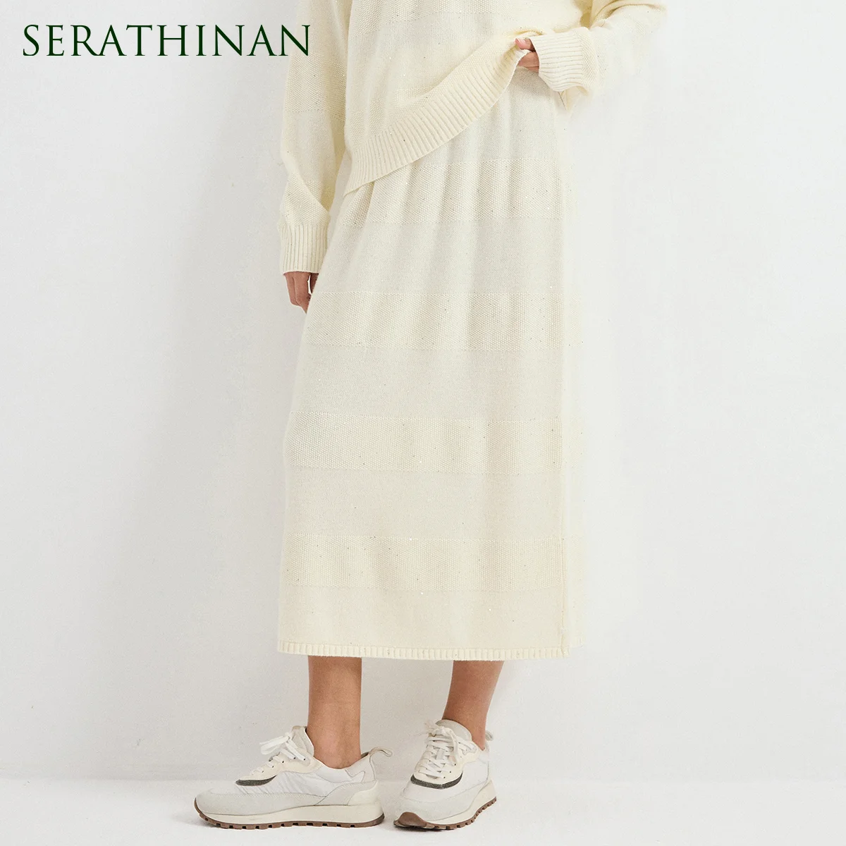 BD3621790 Women's 100% Wool Cotton Sequin Stripe Knit Midi Skirt Elastic High Waist Ribbed Hem Understated Elegant Winter