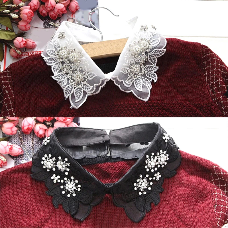 

1PC Women Detachable Collar Shirt Fake Collars Pearls Lace Decor Ladies Lace False Necklaces Fashion Clothes Accessories