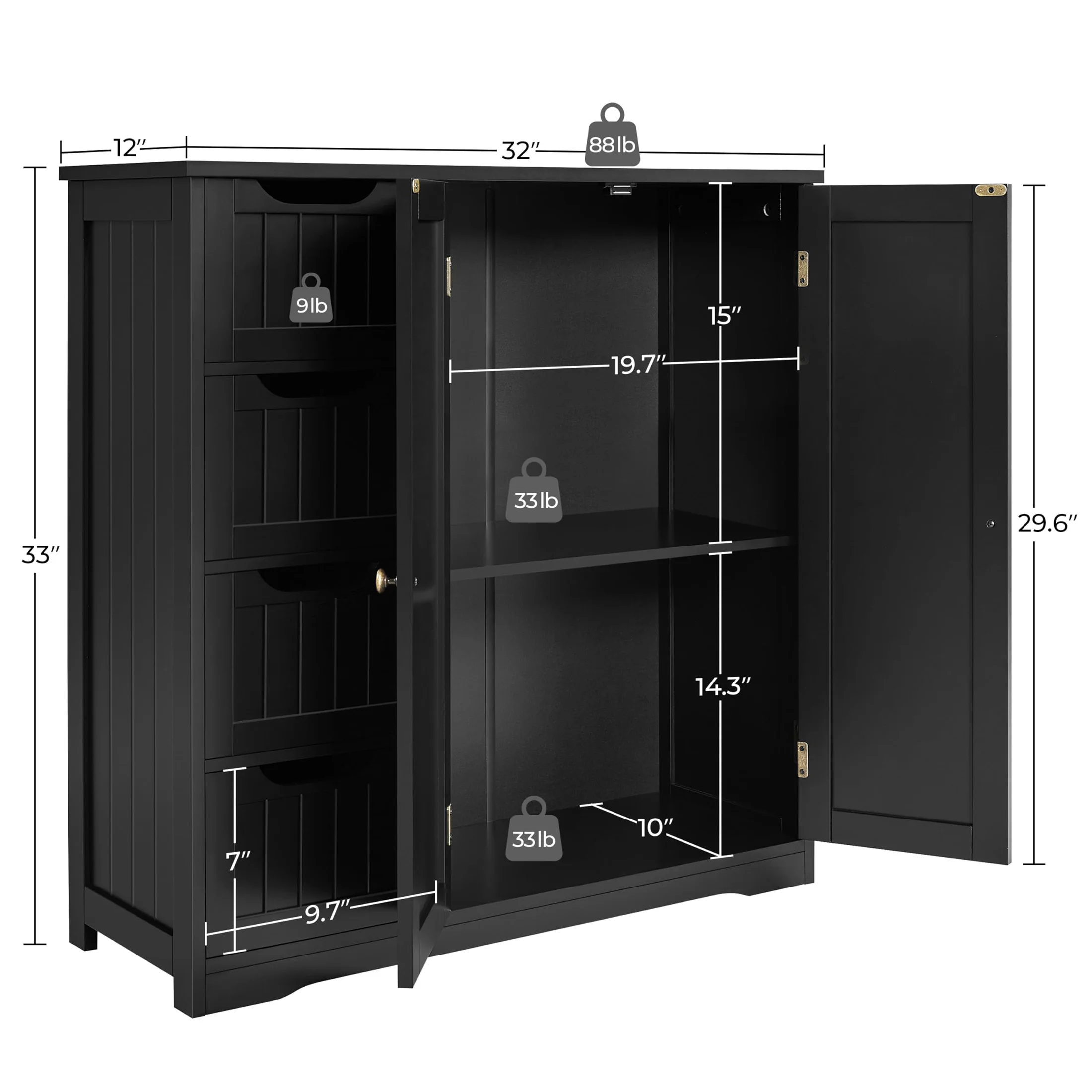 Small Bathroom Storage Cabinet, Freestanding Floor Organizer With 4 Drawers And 2 Doors, Slim 12 Inch Depth For Laundry Room Entryway, Stores Towels Toiletries Medicine, MDF Build, Black