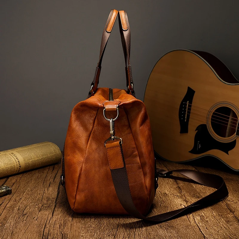 Bolso de viaje de cuero genuino para hombres, bolsa de equipaje Vintage, lona de viaje, cuero de vaca duradero, bolsas grandes de fin de semana para hombres