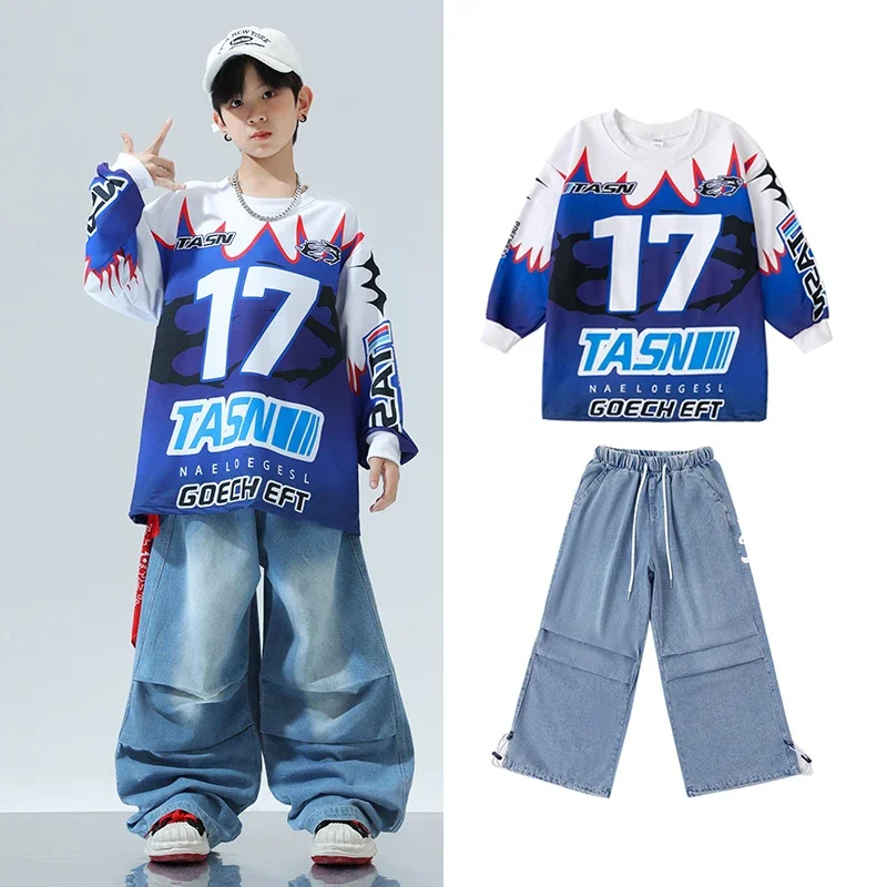 

Boy's Street Hip Hop Performance Costume Jazz Dance Clothes K POP Stage Set Kids Dance School Team Blue Outfit Tops Pants XH1401