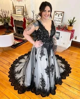 Gothic V Neck A-line Wedding Dresses Black White Appliques Mexican Bridal Long Formal Occasion vestidos Customised 3