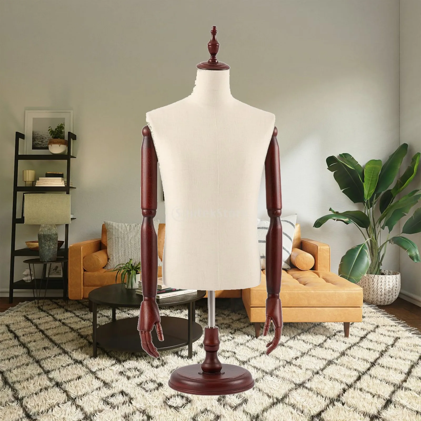 Compact Tabletop Mannequin Display Stand for Mens Apparel Presentation with Fabric Torso Wood Base and Decorative Crown Top for