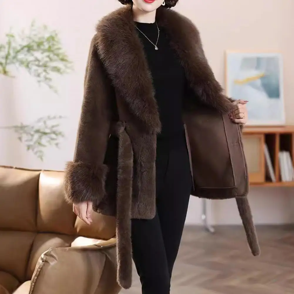 Women's Furry Coat with Faux Fur Collar And Cuff Winter Warm Belted Fuzzy Jacket Long Sleeve Open Front Fluffy Outerwear