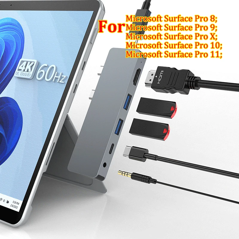 Surface Pro 11/10/X/9/8 Dock with Thunderbolt 4+4K HDMI+USB 3.0 A&C(Data)+3.5mm jack,Dual USB C Hub for Surface Pro 11/10/X/9/8