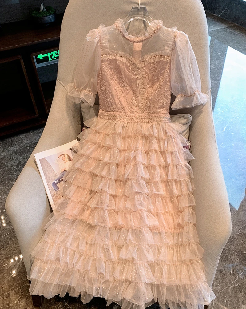 High Quality Luxury French Midi Pink Mesh Embroidery Dress Women Elegant Party Bubble Short Sleeve High Waist Puffy Cake Dress