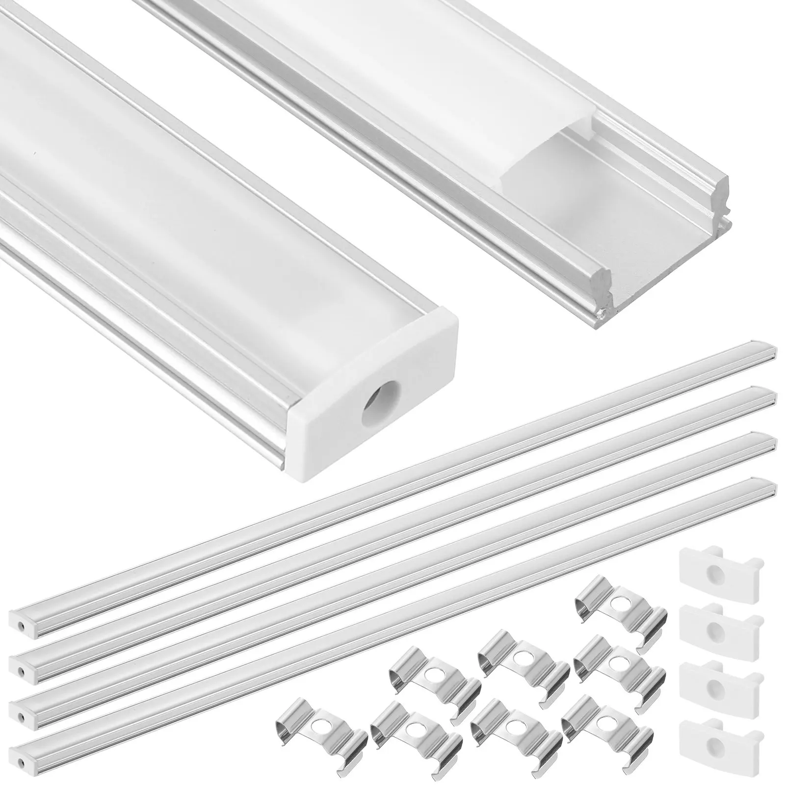 

4 комплекта светодиодных профилей U-образной формы из серебристого алюминия с молочно-белым рассеивателем и защитной полосой для светодиодного освещения