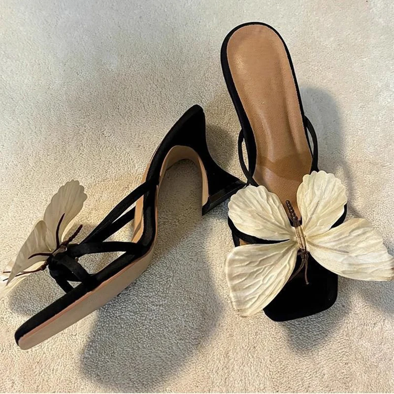 

Brand Design Butterfly Flip Flops High Heels New Elegant Woman Thick Heel Sandals Evening Dress Shoes Mujer Square Toe Slippers