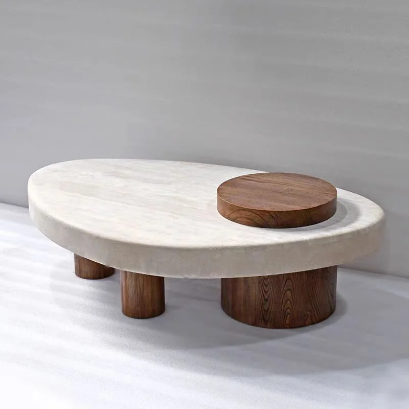 

Marble Top Solid Wood Base Coffee Table Living Room Sofas Center Table with Travertine Stone Tea Table