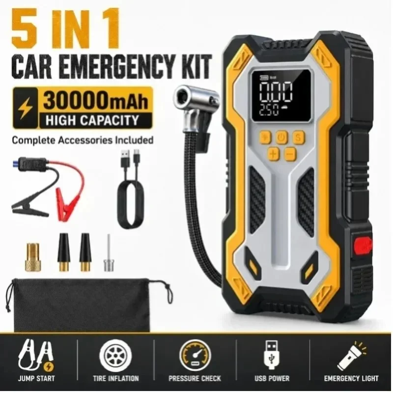 Tragbarer 5-in-1 30000mAh Auto-Notfall-Starthilfegerät, eingebauter Reifenluftkompressor, digitales Druckmessgerät, Auto-Stopp, 12V Fahrzeugbatterie-Booster, LED-Notlicht für Benzin-, Diesel-, SUV-,