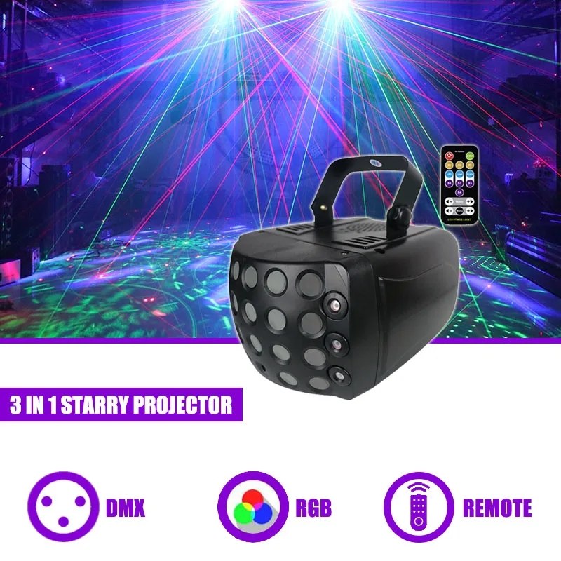Sunart New 3 In 1 Starry Pattern LED Laser Projector Stage Effect Lighting For Dj Disco Party Bar Christmas DMX Remote Lamp
