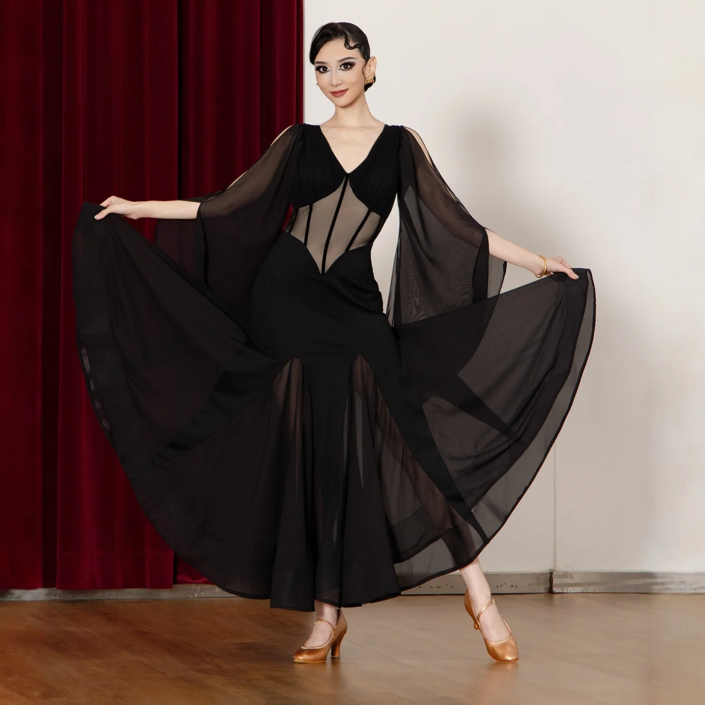 

2026 Новое платье для соревнований по бальным танцам для женщин, сексуальное черное платье из плавающей пряжи для взрослых, женское платье для современного танца, сценическое платье XH4025