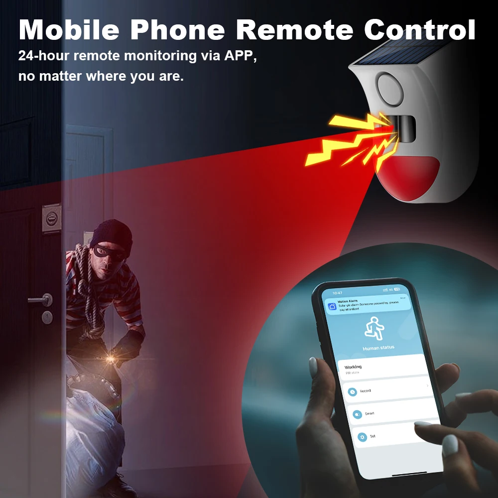 Solar PIR-sensoralarm met Tuya APP WiFi draadloze buitensirene Waterdichte inbraakbeveiliging Strobe Sirene App Afstandsbediening