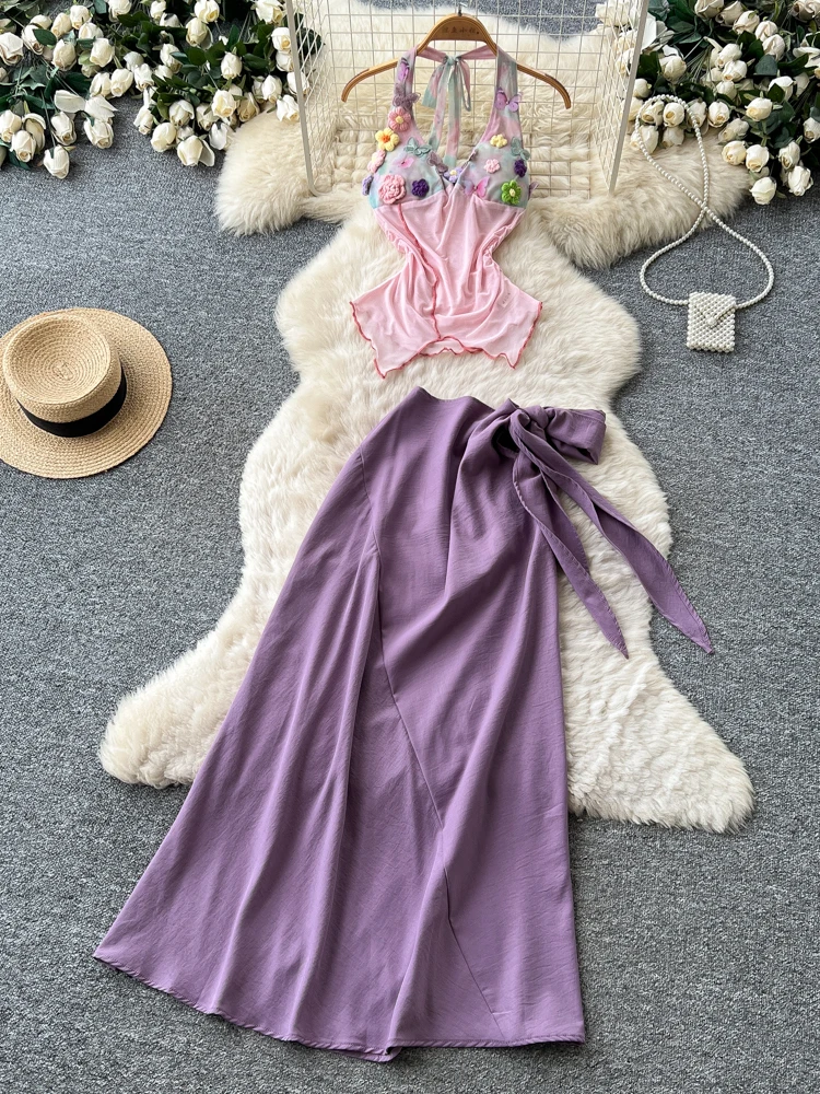 

Romantic Elegant Pure Desire Floral Halter Vest High Waist Skirt Two Piece Set Spring Fashion Women's Clothing Ensemble