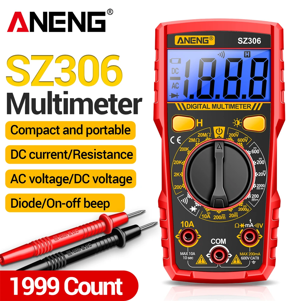 

ANENG SZ306 Multimeters 10A Current Meter 1999 Counts 600V Testers AC/DC Voltage Diode Test Buzzer 20MOhm Detect Tools