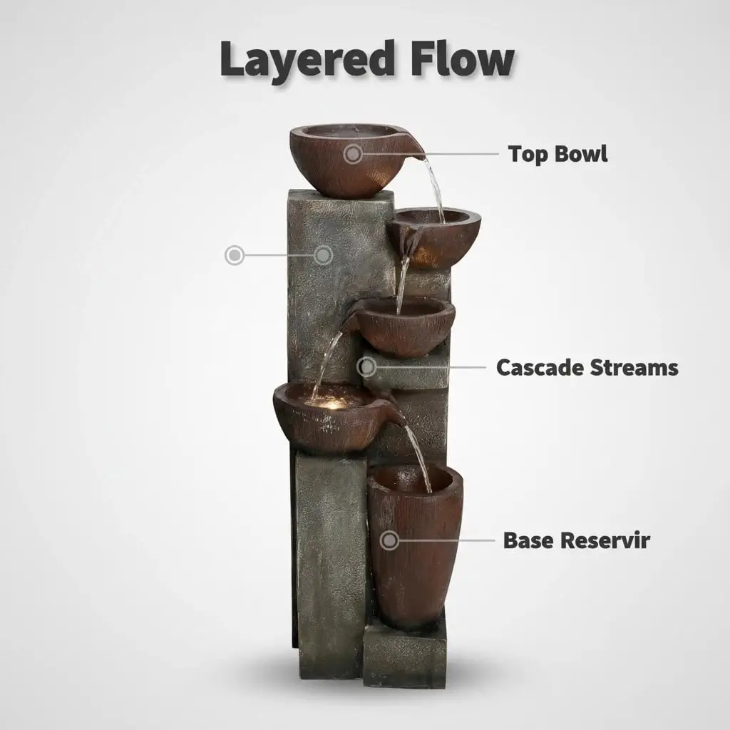 5-Tier Outdoor Water Fountain Resin Fountain Decor with LED Lighting Natural Polyresin ing Stone Decor for Garden Patio