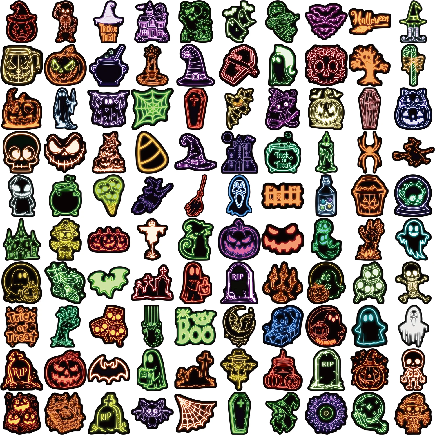 50/100PCS Nieuwe Neon Halloween Sticker Pack Spooky Horror Decals voor Waterflessen Feestartikelen Herbruikbare Zelfklevende stickers