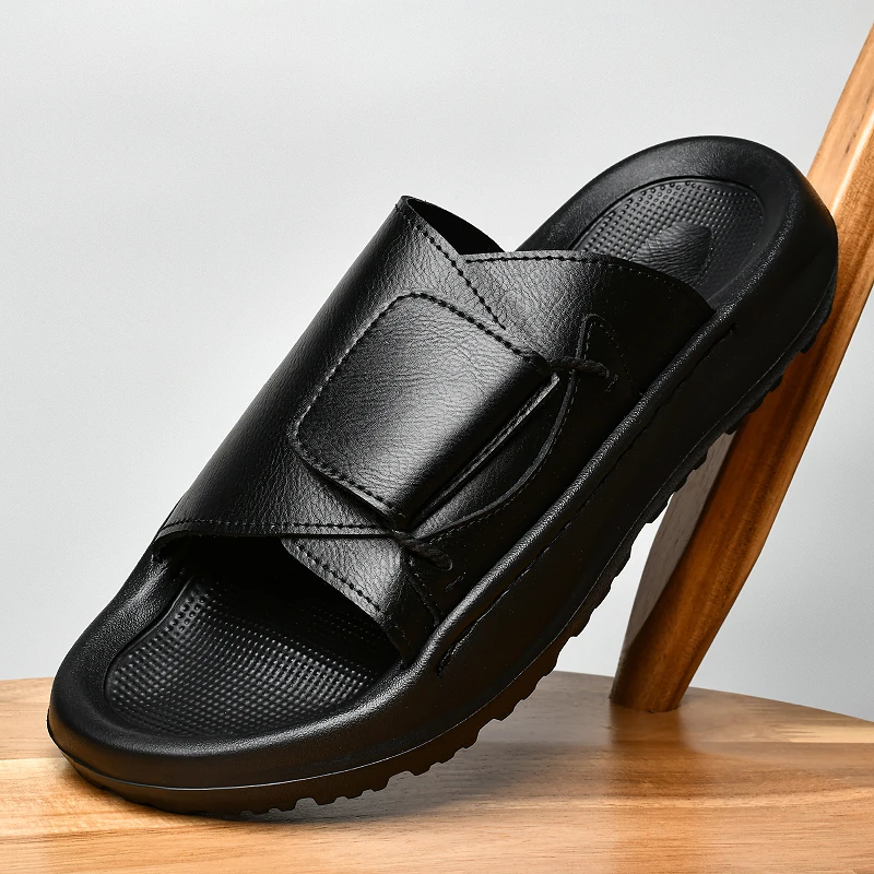 Leather Men's Slippers Slides Casual 2026 Summer Beach Sandals Luxury Designer Non-Slip Lightweight Flip Flops Outdoor Shoes