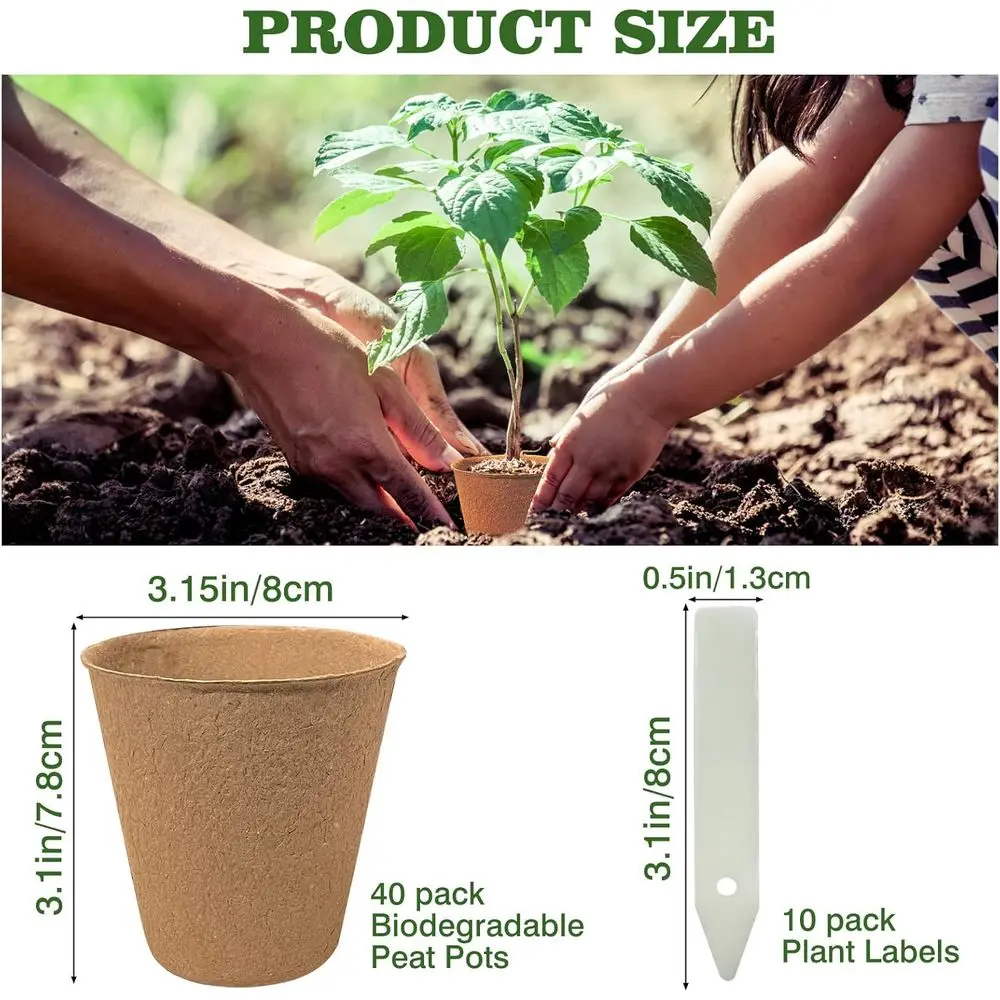 40-Piece 3.15 Inch Biodegradable Peat Pots Plant Seedling Starters Kit with Labels for Seed Germination and Saplings Growth