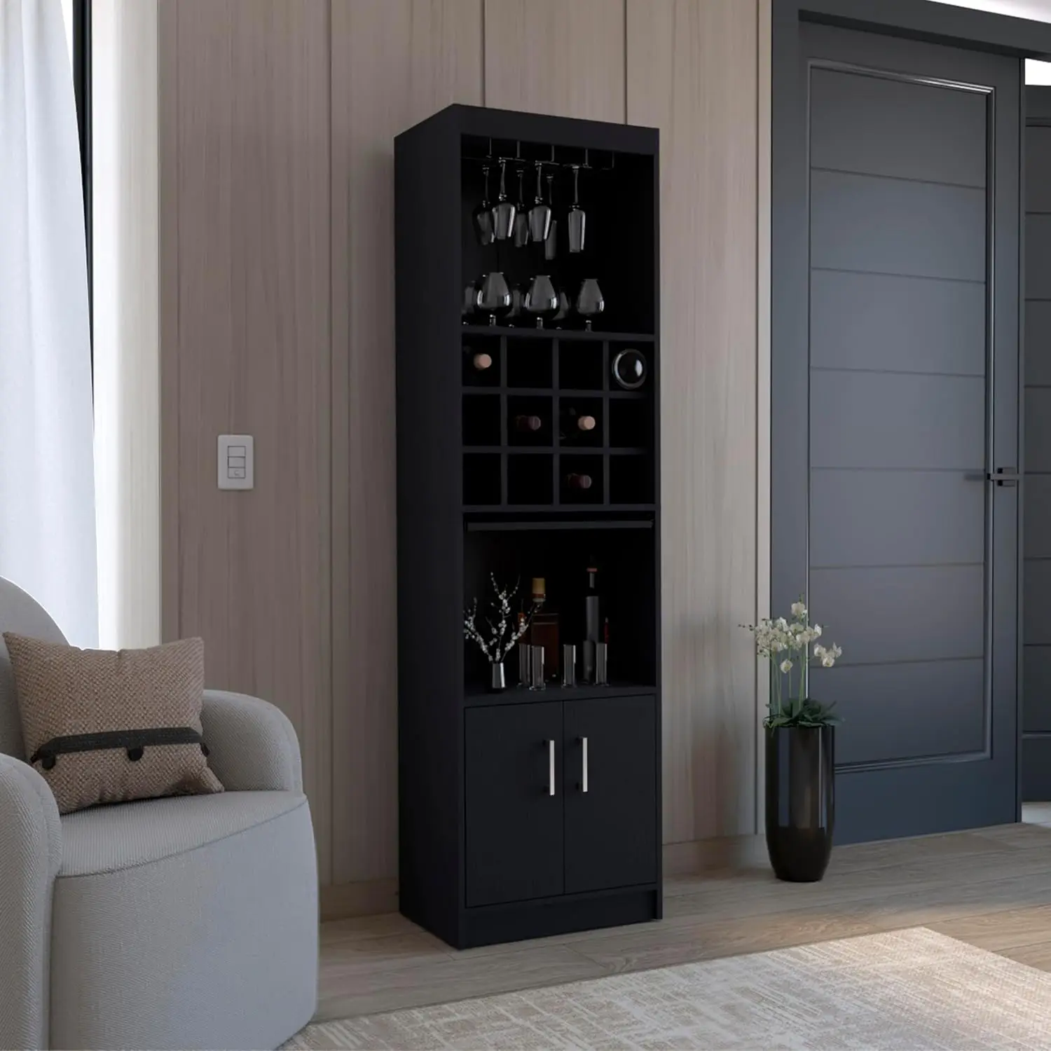 5-Tier Freestanding Bar Cabinet Black Engineered Wood 15-Bottle Storage 3 Shelves 74.8x20x13 in, Customized