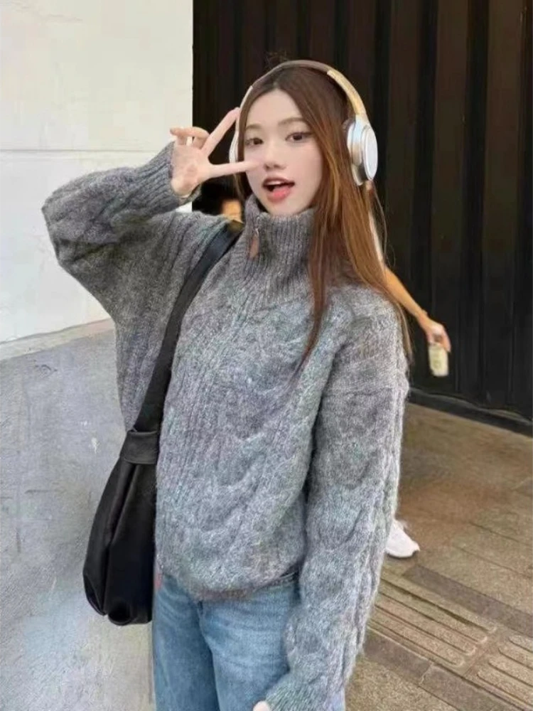 

Женский осенне-зимний новый ленивый стиль, свободный вязаный кардиган в стиле ретро, однотонный свитер с двойной молнией и отложным воротником, топ 2025