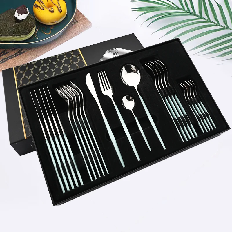 24pcs Mint Silver Dinnerware Cutlery Set Stainless Steel Knife Fork Coffee Spoon Flatware Set Party Western Tableware Gift Box