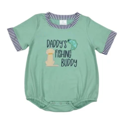 Wholesale Baby Boy Short Sleeves Newborn Toddler Green Embroidery Fishing Bubble Daddy Romper Kids Children Infant Jumpsuit