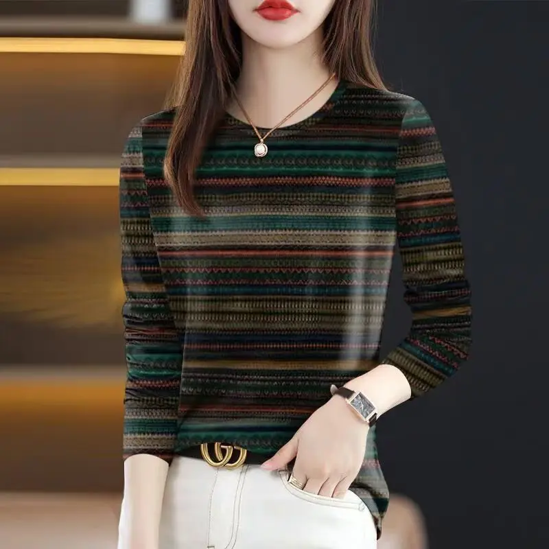 

Retro Striped Long Sleeve T-Shirt Women's Loose Fit round Neck Maternity Top Slimming Casual Wear Polyester Fiber Standard Size