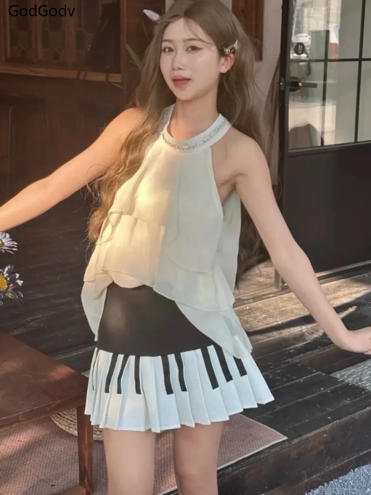 여름 달콤한 빈티지 우아한 피아노 스커트 정장 여성 Y2k 레이스 계층화 된 2 조각 세트 여성 블랙 화이트 한국어 스타일 세련된 의상