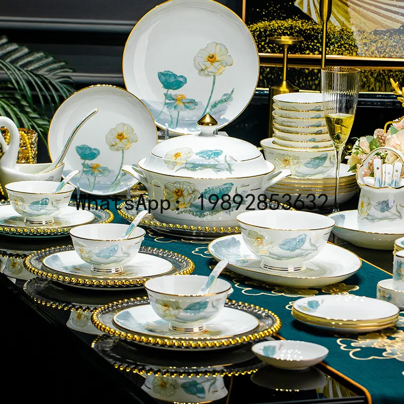 5CJTown Ceramic Bowl and Dish Set Home Light Luxury Tableware Bone Porcelain High Beauty Bowl and Dish Set High