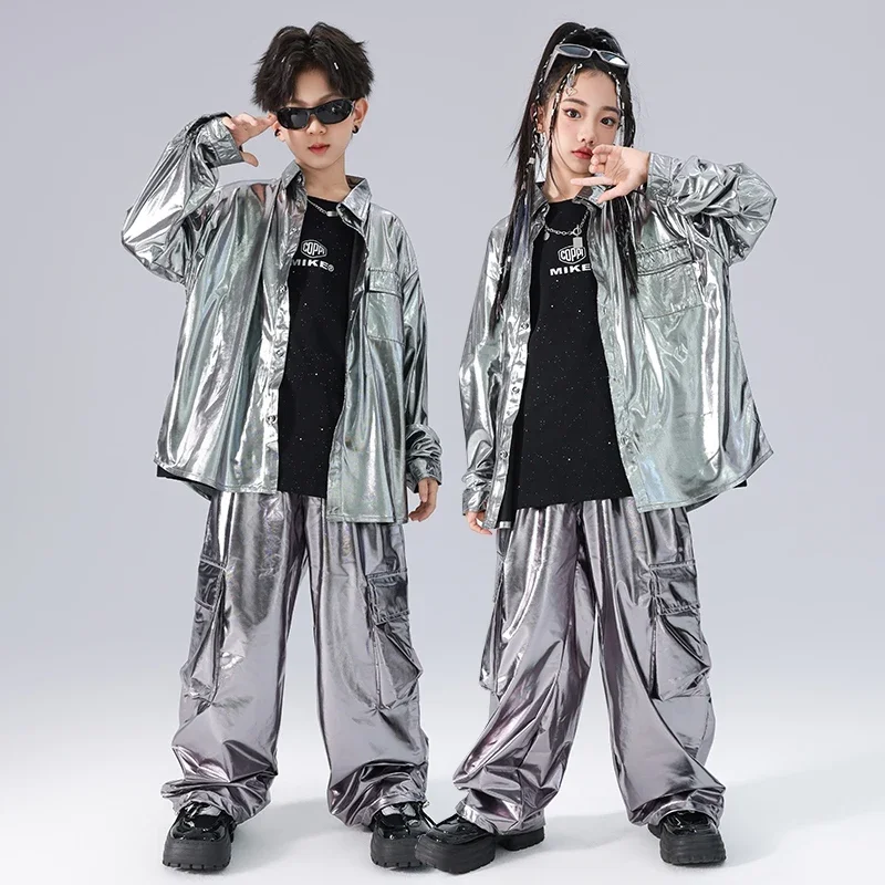 

Fashion Kids Kpop Outfit Children'S Ballroom Dance Clothes For Girls Boys Jazz Dance Costume Silver Hip Hop Clothing