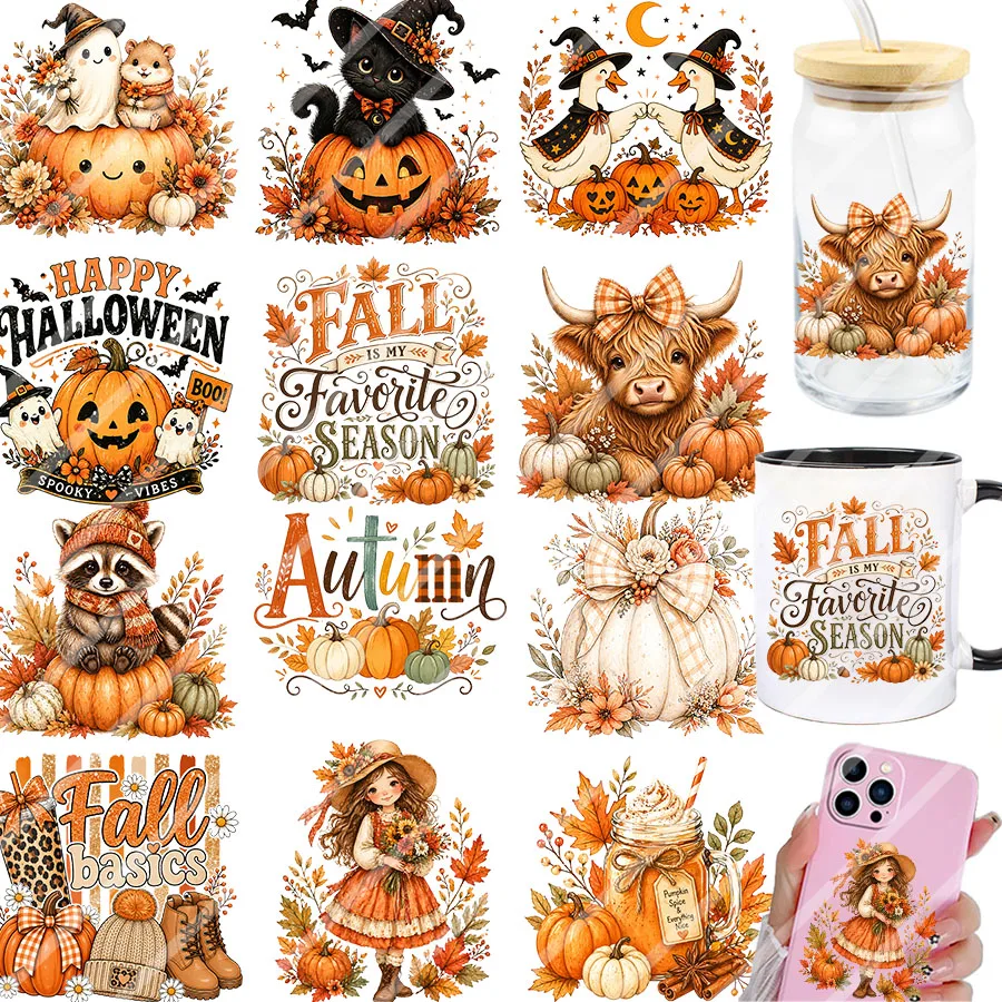 2 Stück Herbst-Kürbis-Blumen-Halloween-Dankesfest DIY UV DTF Transferaufkleber für Becher, Gläser, Dosen, Kaffeetassen, Kartendekoration