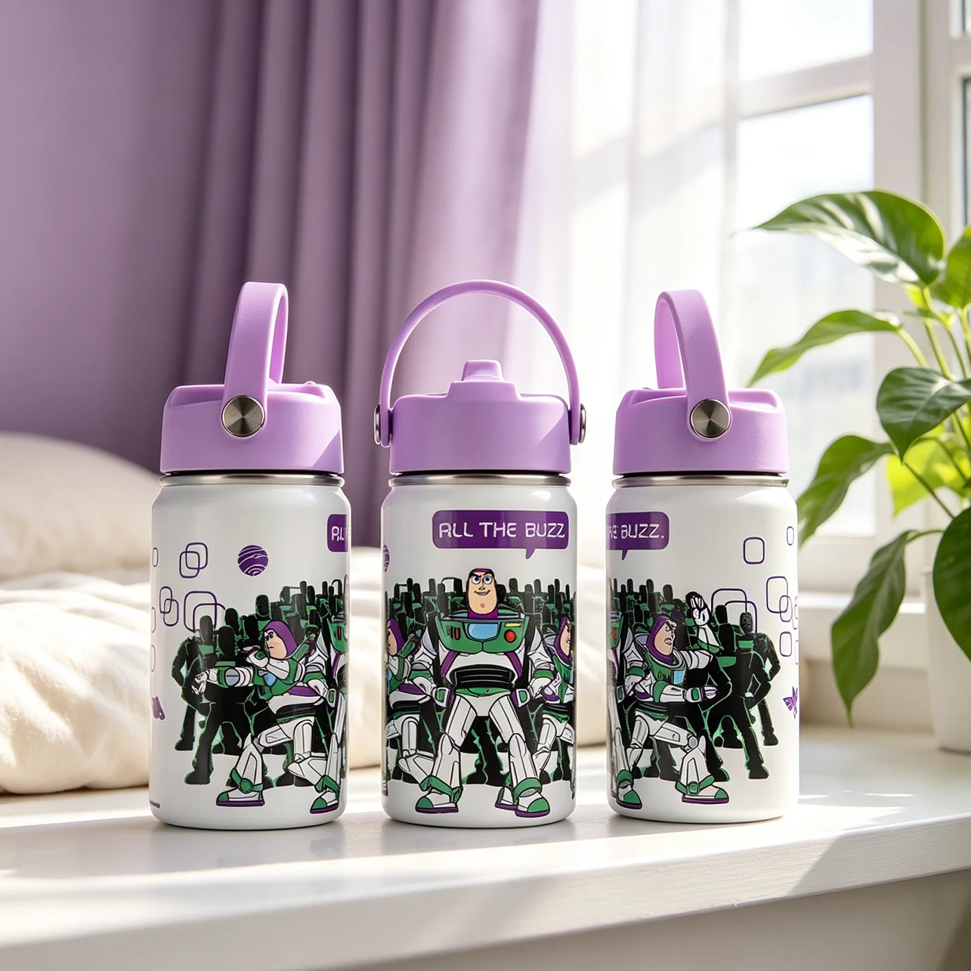 1pc 12oz Disney Toy Story Buzz Lightyear Stainless Steel Tumbler with Carry Handle Portable Cup for Camping Travel Daily Use