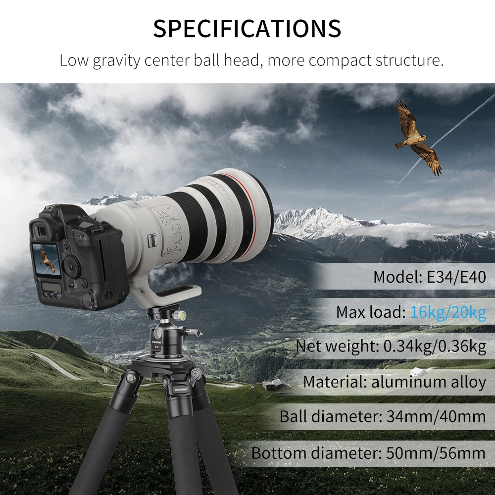 E34/E40 testa a sfera per treppiede a basso profilo testa a treppiede per fotocamera CNC con tacca a U panoramica per fotocamera DSLR monopiede piastra a sgancio rapido Extra