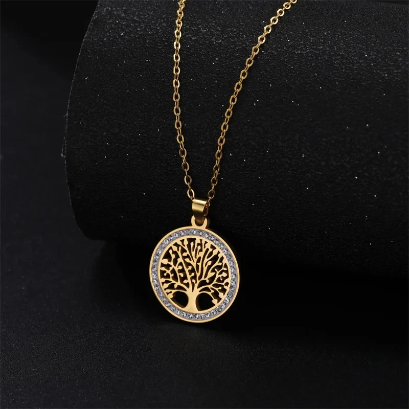 Trendy Stainless Steel Rhinestone Tree of Life Pendant Necklace For Women Charm Summer Clavicle Chain Jewelry Colgantes Cadena