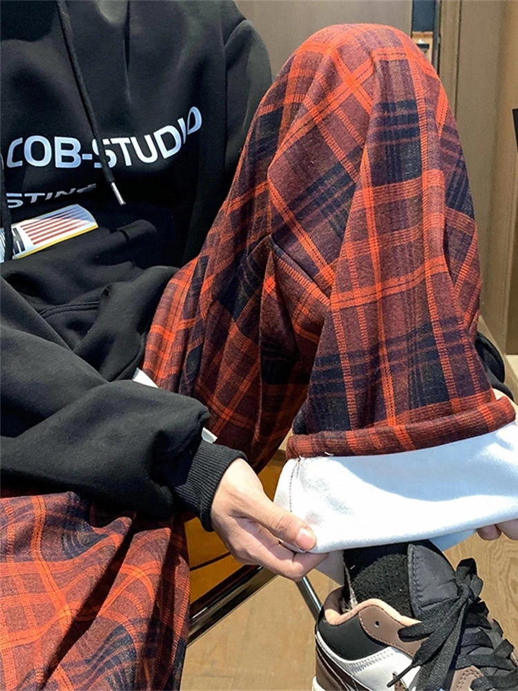 

Red Plaid Thiened Woolen Casual Pants for Men Straight Leg Loose Lazy Sle Drape Autumn Winter Vintage Trousers