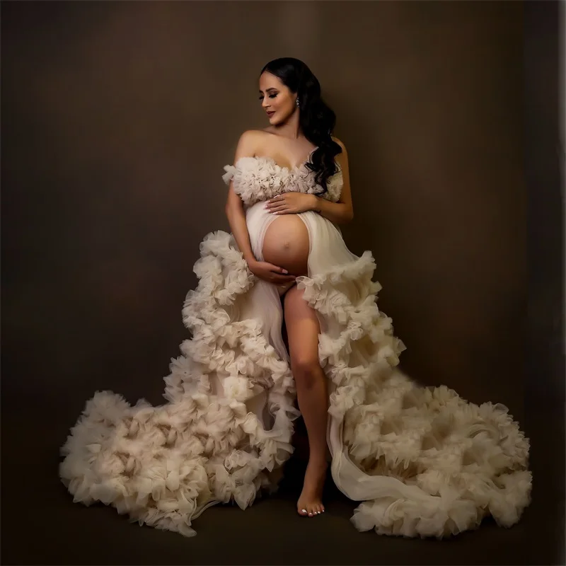 Vestido de maternidad de tul para mujer, prenda de tul de marfil para fotografía, sesión de fotos, malla con volantes, vestido de graduación, Babyshower, hecho a medida