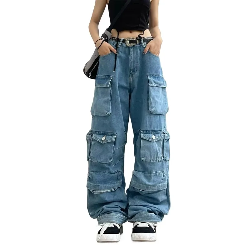 

Trendy Women's Denim Workwear | Street Style Black & Grey Multi-Pocket Jeans | American Casual High-Waist Functional Design