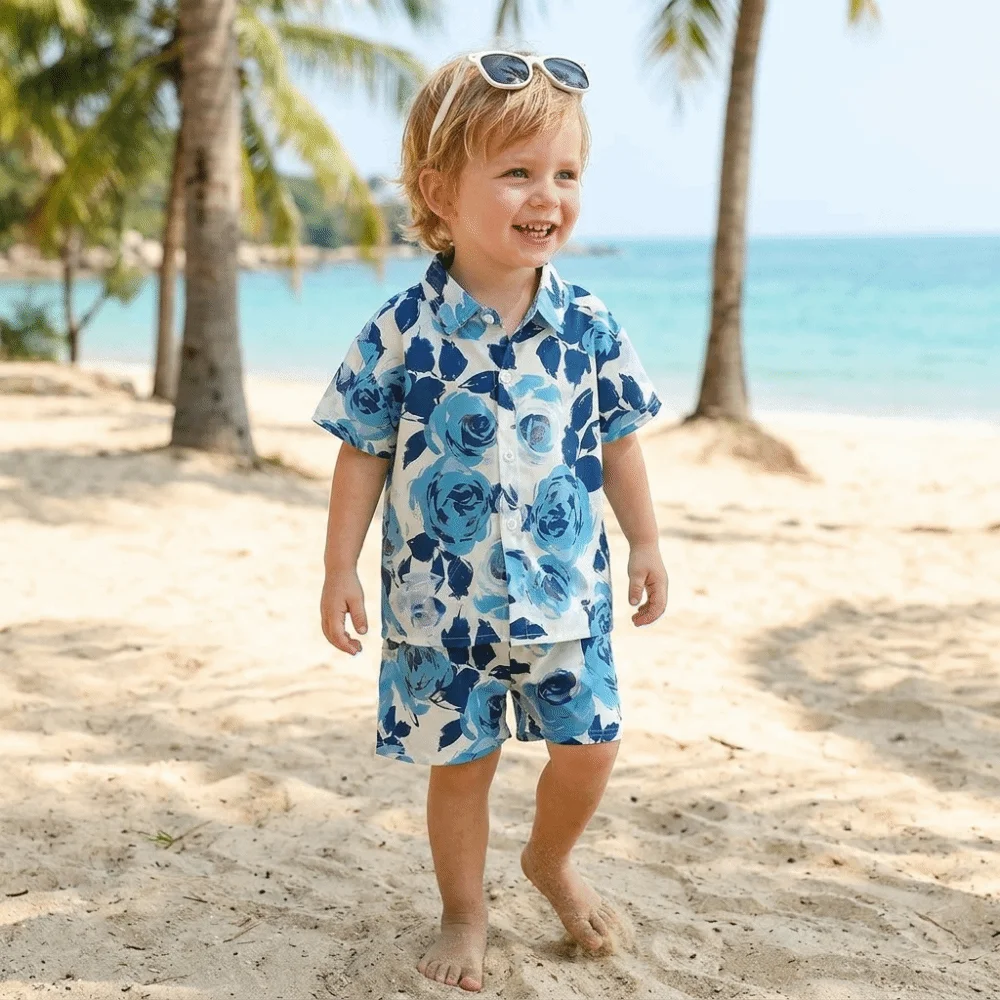 2 Piece Button Front Boys Outfit Elastic Waist Collared Shirt Kids Summer Set Loose Fit Matching Shorts 2 Piece Set Outdoor Play