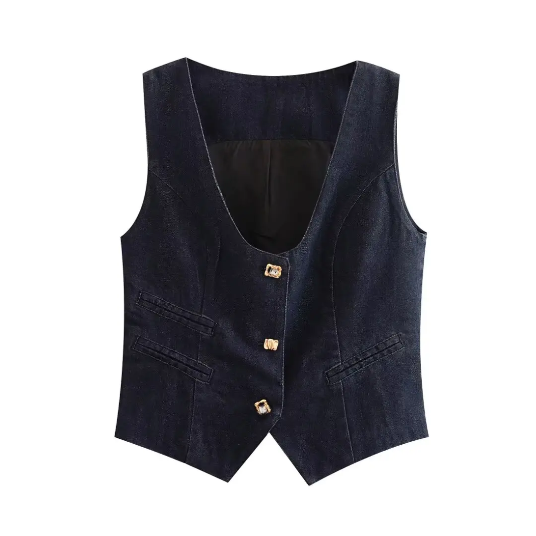 

2024 Spring Women's Cashmere Retro Style Slim Sleeveless Shirt Denim Vest