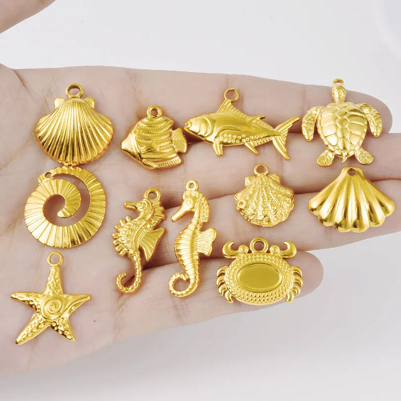 9pcs No Fade Golden Marine Series Conch Starfish Seahorse Animal Pendant Fish Tail Crab  Koi Lovable Stainless Steel Pendants view 2