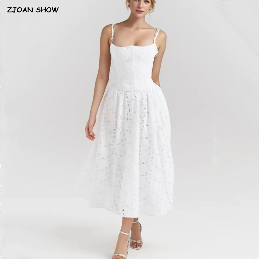 2024 Sexy Embroidery Hollow out Hole White Cross Lacing up Camis + Women Zipper High Waist A-line Midi Long Skirt 2 Pieces Set