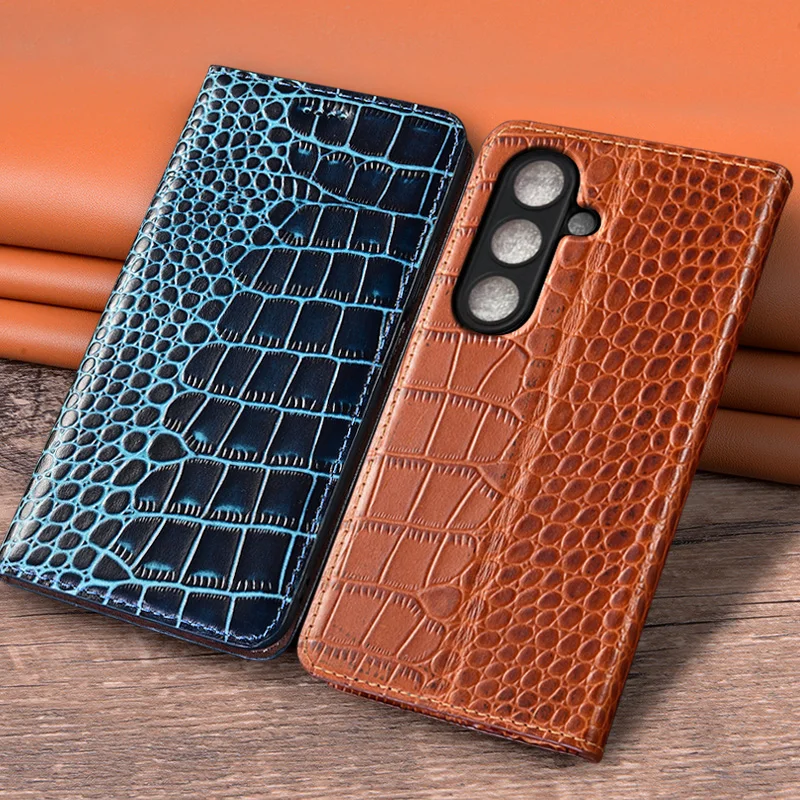 

Flip Case For SAMSUNG Galaxy S25 Ultra Plus 5G Genuine Leather Magnetic Cover Luxury Cowhide Crocodile Pattern Wallet Cases