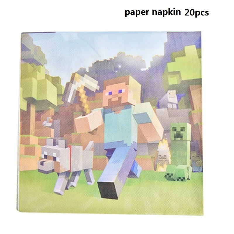 MC Pixel Papieren Kaart Minecraft Verjaardagsfeestje Benodigdheden Vlag Trekken Taart Cup Ballon Servies Set Feest Slaapkamer Decoratie Speelgoed