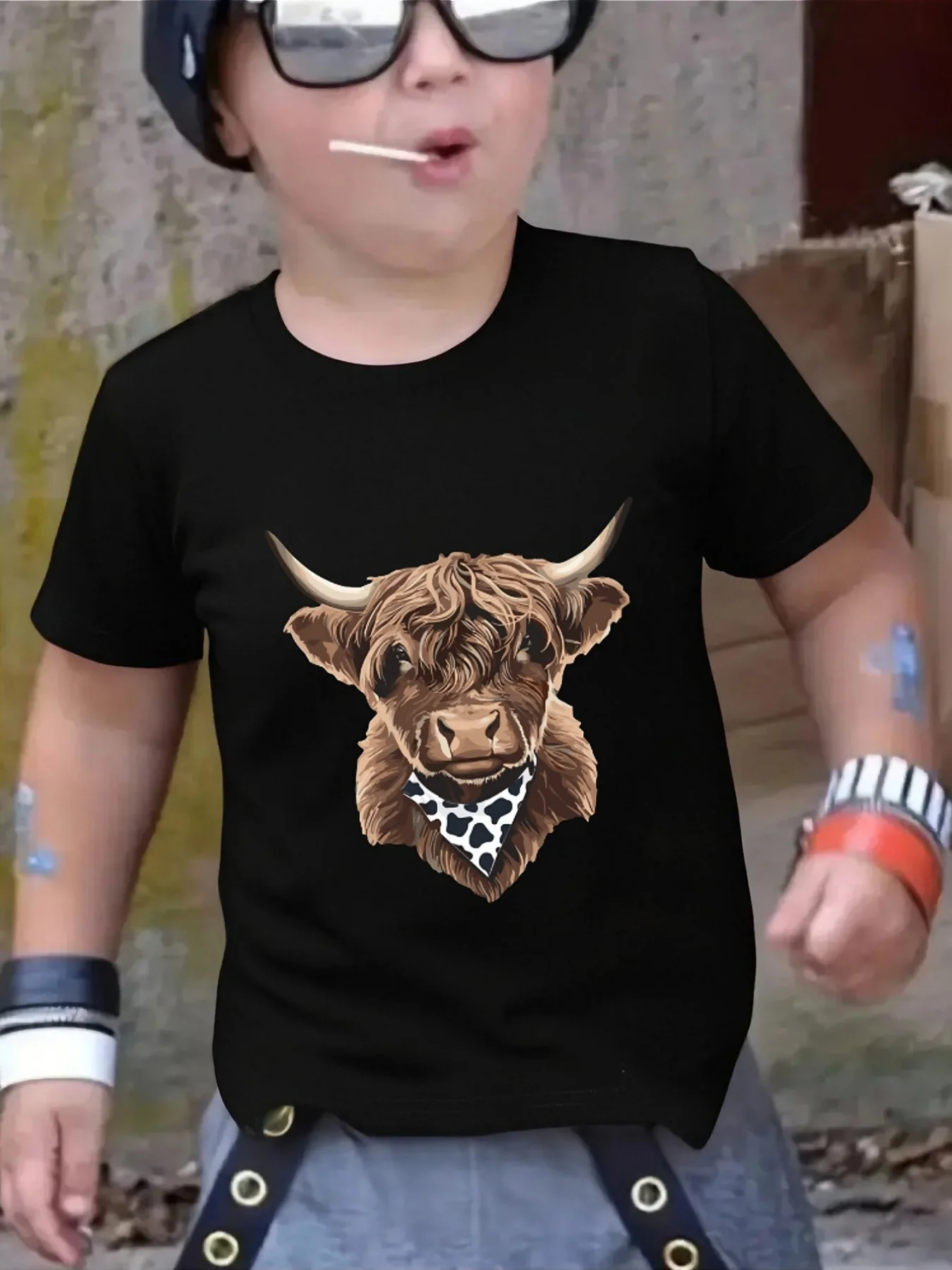 Cute Highland Cow Bandana Farm Animal Print Family T Shirt Boys Girls Tee Parent Child Casual Top Mom Dad Kids Summer Daily Wear
