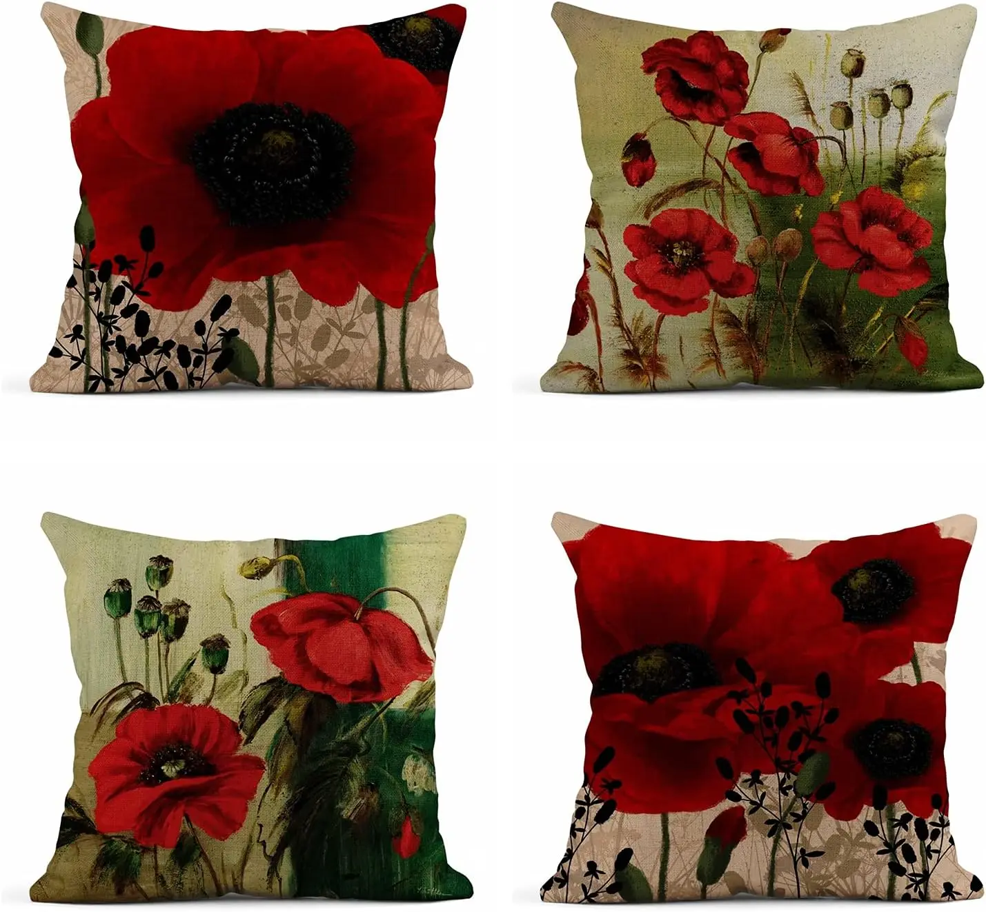 Linen Throw Pillow Covers Red Poppies Floral Home Decor Pillowcase Square Cushion Covers for Sofa Bed Couch